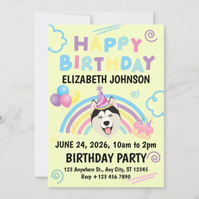 Convites Siberian Husky Birthday Party Invitation Yellow (Frente)