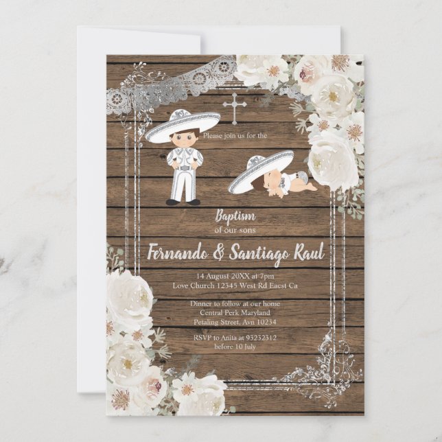 Convites Sibler Silver Fiesta Boy Baptism Aniversário (Frente)