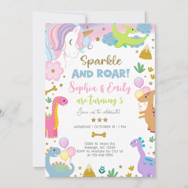 Convites Siblings unicorn and dinosaurs invitation. (Frente)