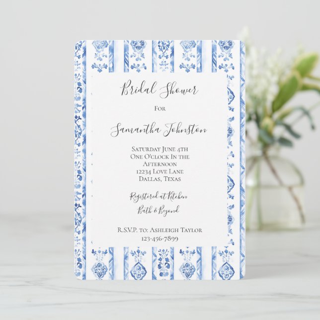 Convites Sicily Italian Rustic Blue Stripes Bridal Shower (Em pé/Frente)