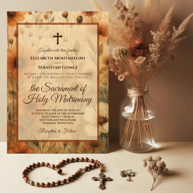 Convites Sienna Boho Aquarela Floral Casamento Católico (Criador carregado)