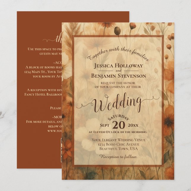 Convites Sienna Boho Floral Calligraphy & QR Code Wedding (Frente/Verso)