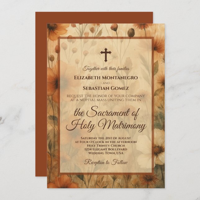 Convites Sienna Boho Watercolor Floral Catholic Wedding (Frente/Verso)