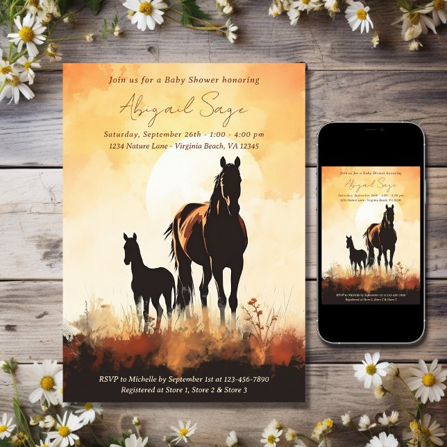 Convites Silhouette Mare e Foal Sunset Horse Chá de fraldas (Printed and Digital - Silhouette Mare and Foal Sunset Horse Baby Shower Invitation)