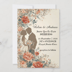 Convites Silhueta de Casamento Elegante com Moldura Floral