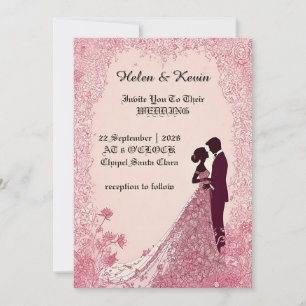 Convites Silhueta de Casamento Elegante com Moldura Floral