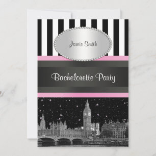 Convites Silhueta de Londres BW Blk Wht Strp Rosa Despedida
