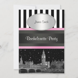 Convites Silhueta de Londres BW Blk Wht Strp Rosa Despedida