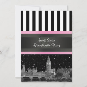 Convites Silhueta de Londres BW Blk Wht Strp Rosa Despedida