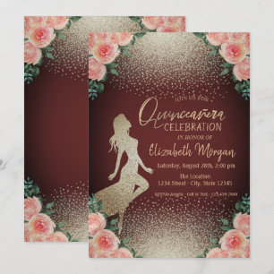 Convites Silhueta de Menina, Confetes Florais Quinceañera