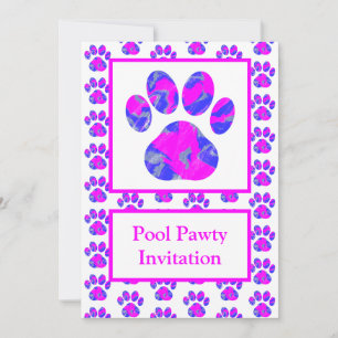 Convites Silhueta de Pata de Animal Piscina Pawty Rosa Azul