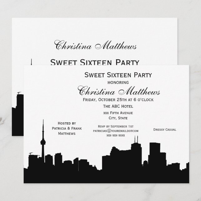 Convites Silhueta de Toronto DIY Cor de Fundo Sweet 16 (Frente/Verso)