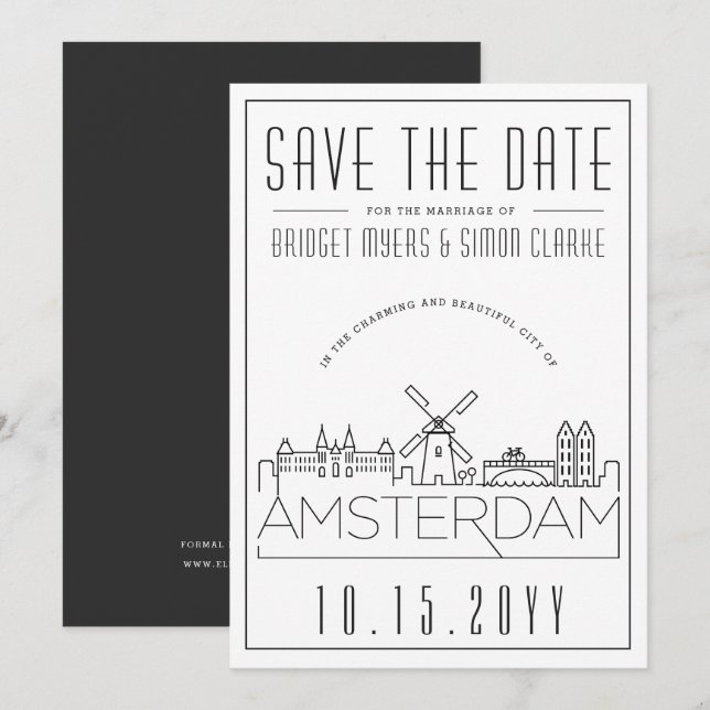 Convites Silhueta Estilizada de Amsterdã para Save the Date (Frente/Verso)