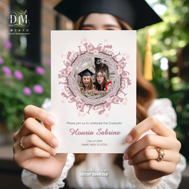 Convites Silhueta Feminina Rosa Moderno de Graduada com Bor (Criador carregado)