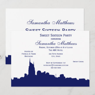 Convites Silhueta Preta de Nashville Sweet 16 Azul