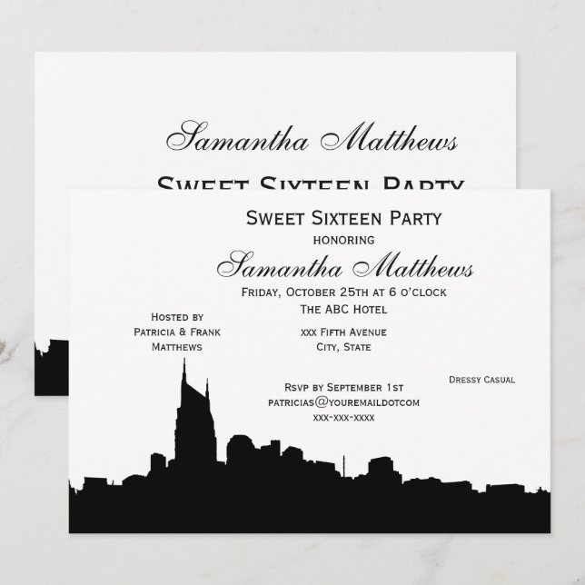 Convites Silhueta Preta do Horizonte de Nashville Sweet 16 (Frente/Verso)