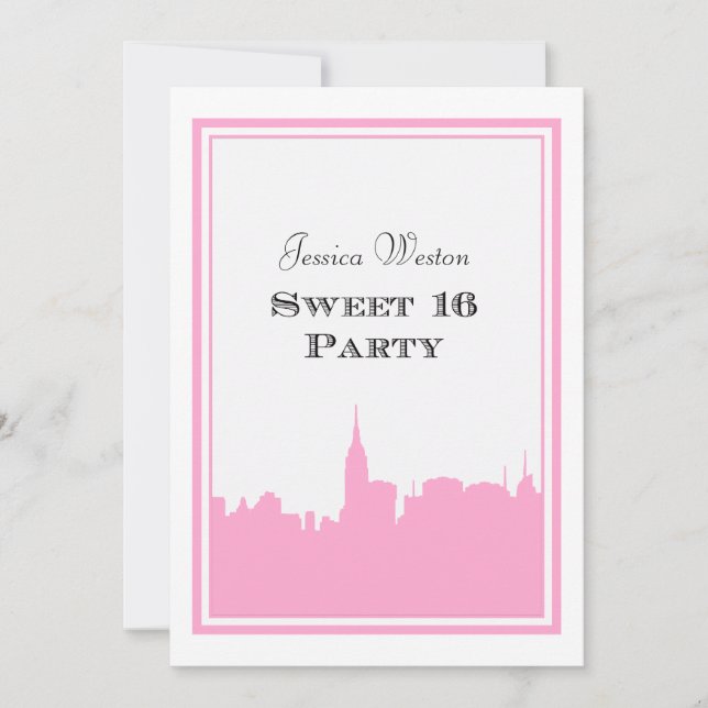 Convites Silhueta Rosa NYC Skyline nº 2 DIY Sweet 16 (Frente)