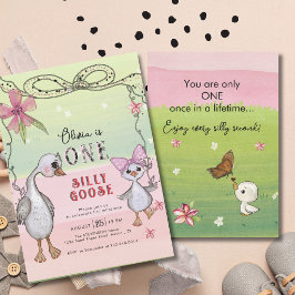 Convites Silly Goose 1st Birthday Pink Bow Green Coquette 