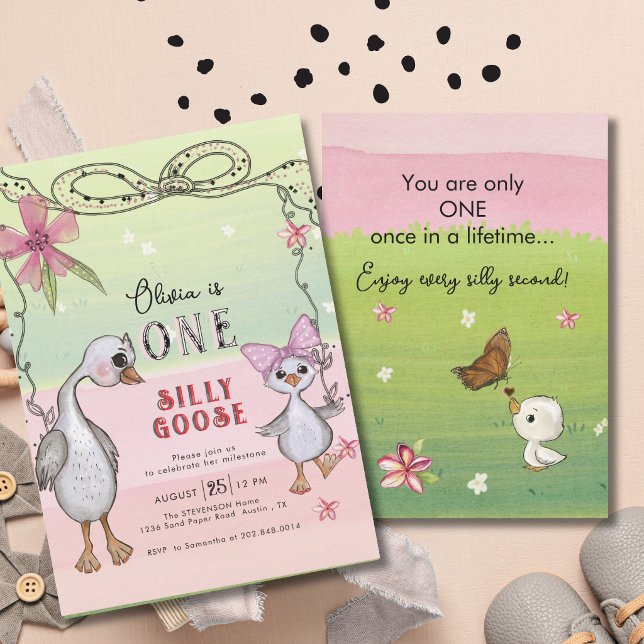 Convites Silly Goose 1st Birthday Pink Bow Green Coquette  (Silly Goose 1st Birthday Pink Bow Green Coquette Invitation)