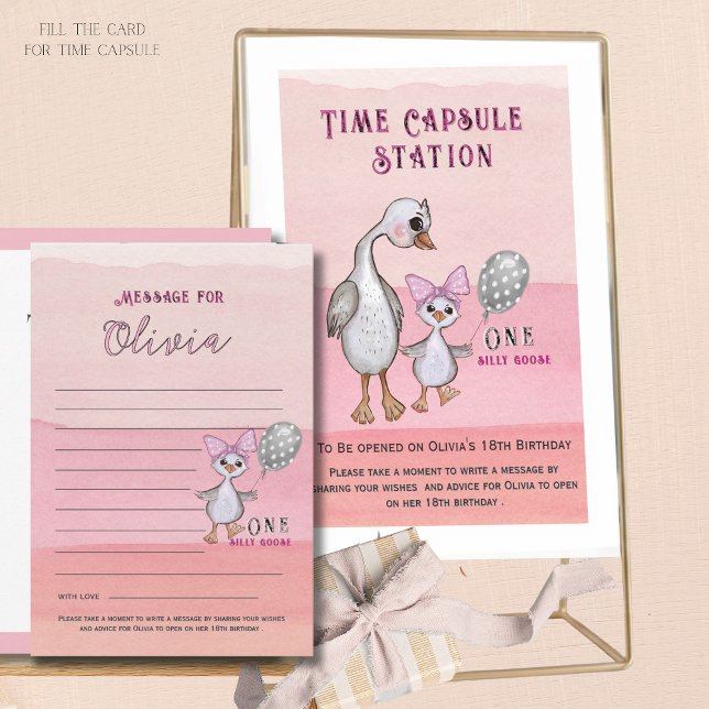 Convites Silly Goose 1st Birthday Pink Time Capsule Card (Silly Goose 1st Birthday Pink Time Capsule Card)