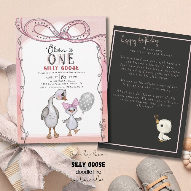 Convites Silly Goose 1st Birthday Watercolor Hand drawn (Silly Goose 1st Birthday Watercolor Hand drawn Invitation)