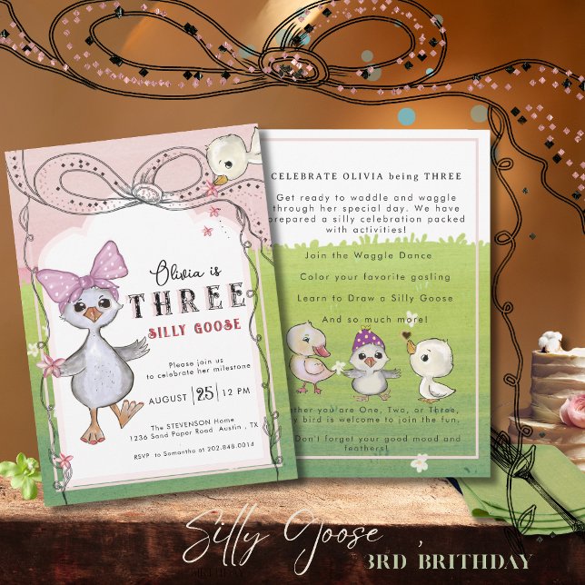 Convites Silly Goose 3rd Birthday Girl Pink Bow Garden (Silly Goose 3rd Birthday Girl Pink Bow Garden Invitation)