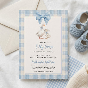 Convites Silly Goose Azul Xadrez com Laço Chá de Bebê