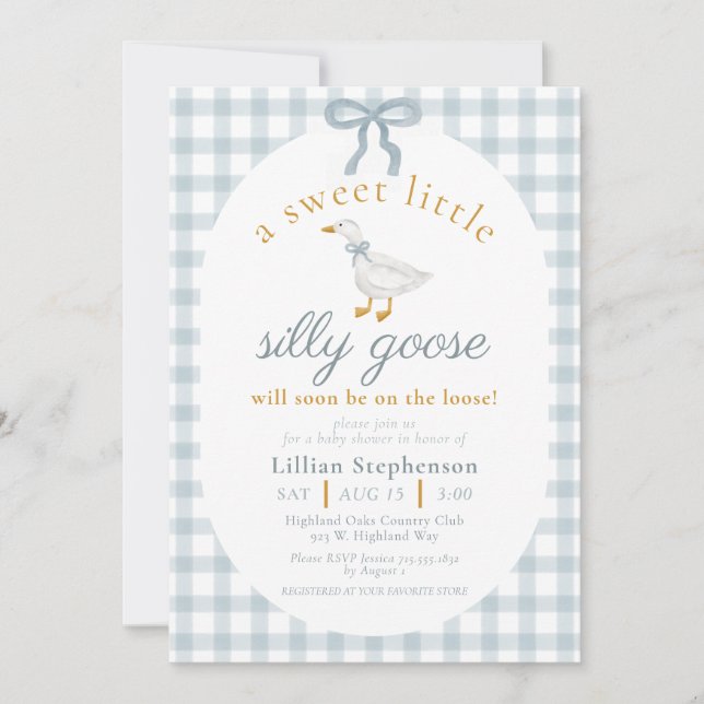 Convites Silly Goose Blue Bow Duck Gingham Baby Shower (Frente)