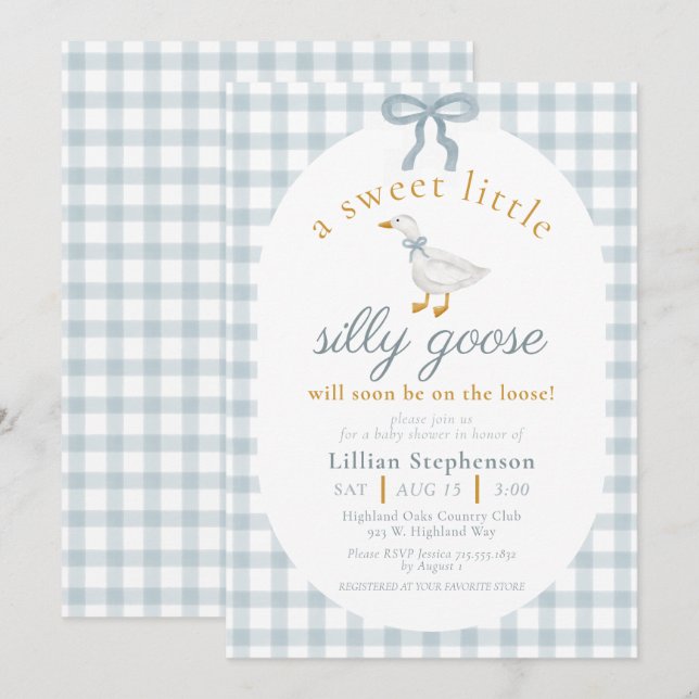 Convites Silly Goose Blue Bow Duck Gingham Baby Shower (Frente/Verso)