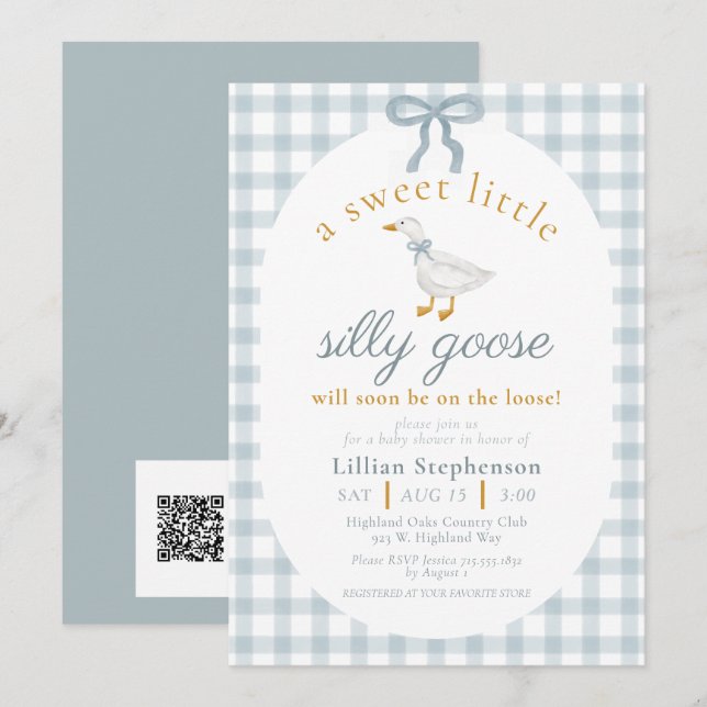 Convites Silly Goose Blue Bow Gingham Baby Shower QR Code (Frente/Verso)