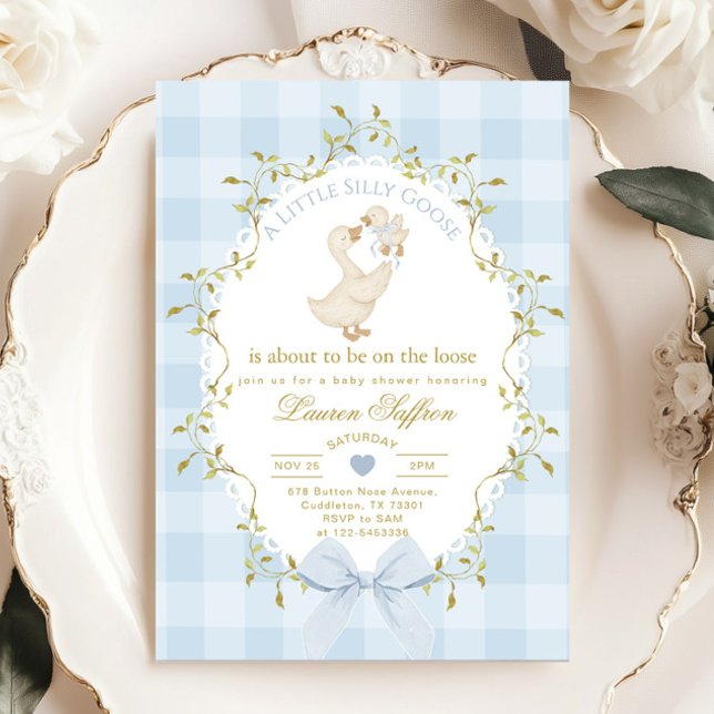 Convites Silly Goose Blue Gingham Baby Boy Shower (Criador carregado)