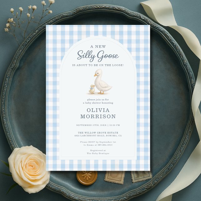 Convites Silly Goose Blue Gingham Baby Shower (Criador carregado)