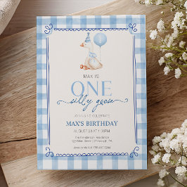 Convites Silly Goose First Birthday Blue Gingham Boy