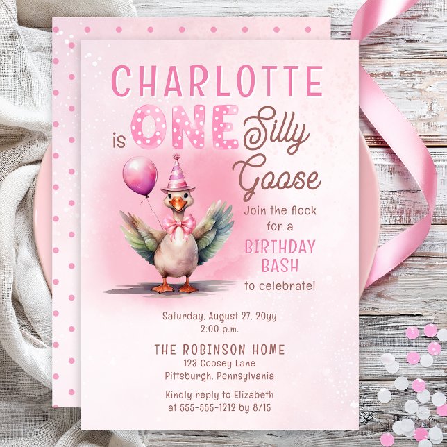 Convites Silly Goose First Birthday Pink Girl Party (Sweet pink silly goose first birthday invitation with watercolor party goose and balloon)