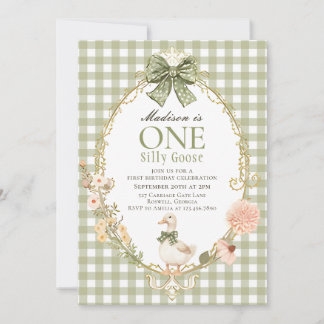 Convites Silly Goose Floral Green Gingham 1st Birthday