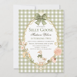 Convites Silly Goose Floral Green Gingham Birthday Party