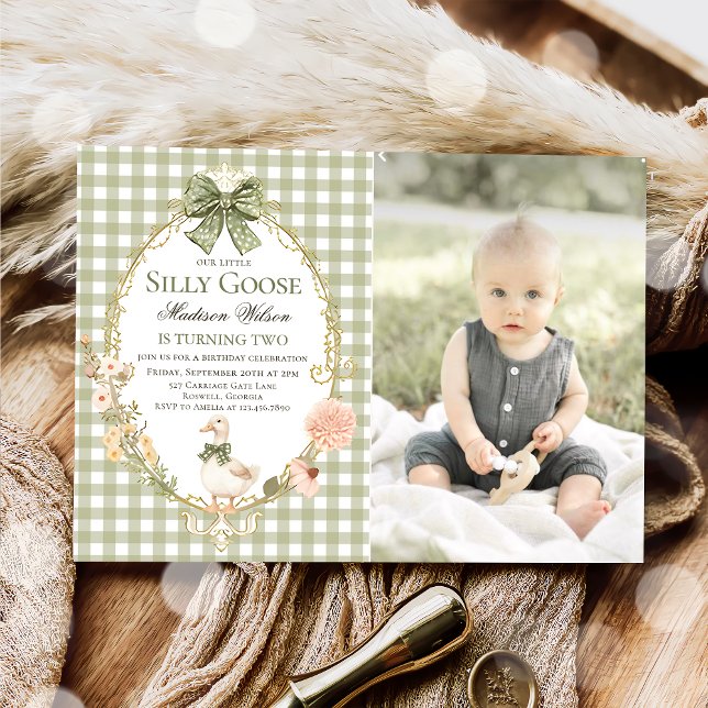 Convites Silly Goose Floral Green Gingham Birthday Photo (Criador carregado)