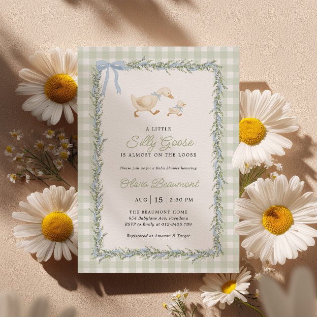 Convites Silly Goose Green Gingham Baby Shower Invitation (Criador carregado)