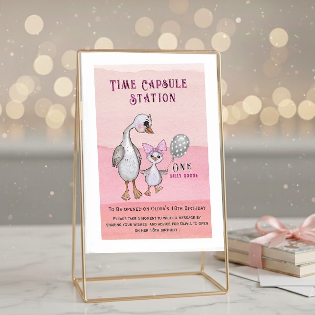 Convites Silly Goose & Pink Bow | Time Capsule Station Sign (Silly Goose & Pink Bow | Time Capsule Station Card)