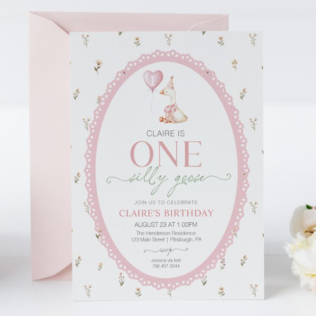 Convites Silly Goose Pink Floral First Birthday (Criador carregado)