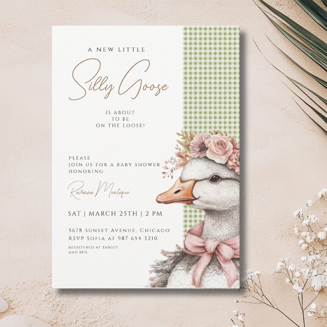 Convites Silly Goose Verde Xadrez Flor Laço Chá de Bebê (Criador carregado)