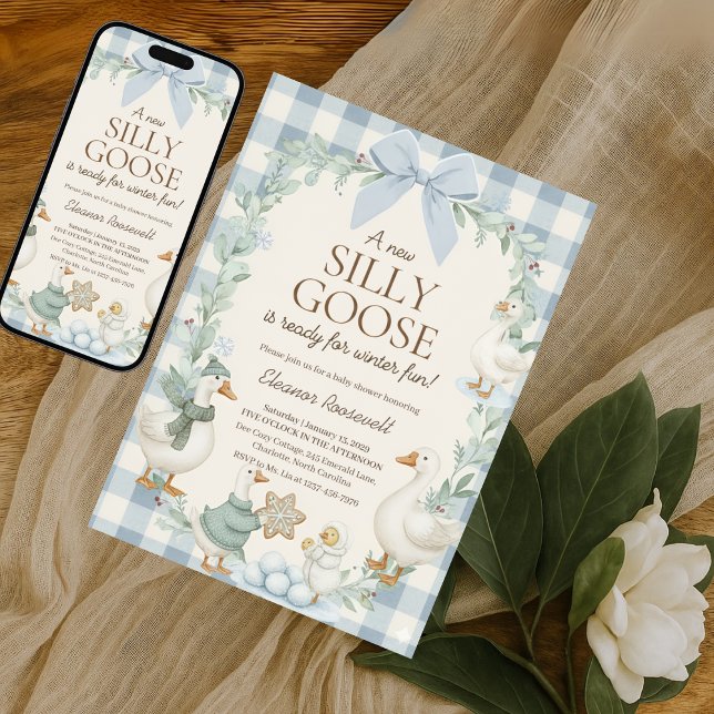 Convites Silly Goose Winter Baby Shower Blue Gingham  (Criador carregado)