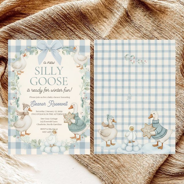 Convites Silly Goose Winter Blue Plaid Baby Shower (Criador carregado)