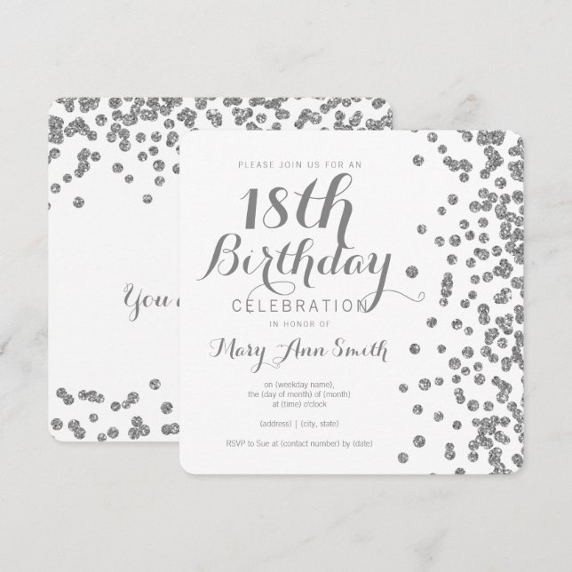 Convites Silver 18º Aniversário Faux Glitter Confetti White (Frente/Verso)