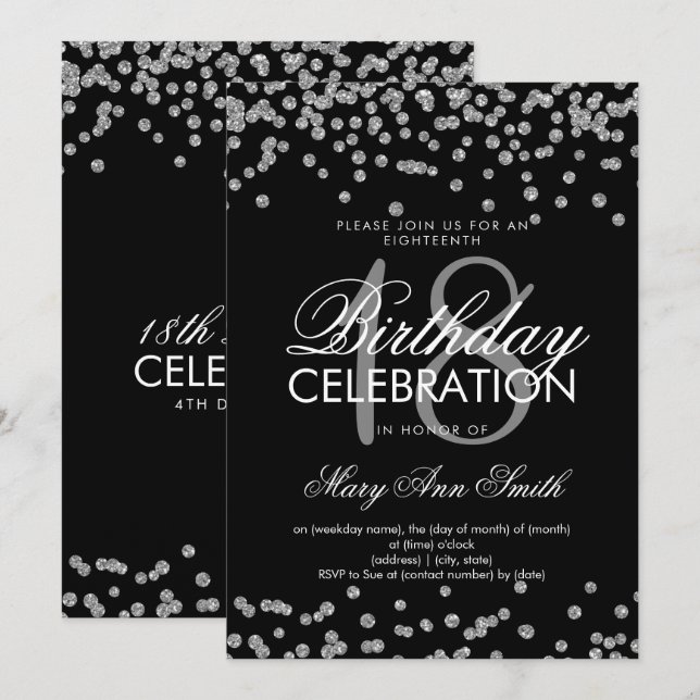Convites Silver 18º Aniversário Glitter Confetti Preto (Frente/Verso)