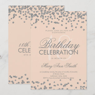Convites Silver 18º Aniversário Glitter Confetti Rosa rosa