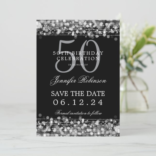 Convites Silver 50º aniversário Salve a data (Em pé/Frente)