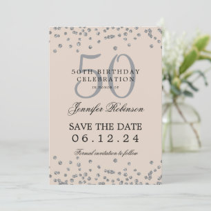 Convites Silver 50 Birthday Salvar Data Confetti Champagne