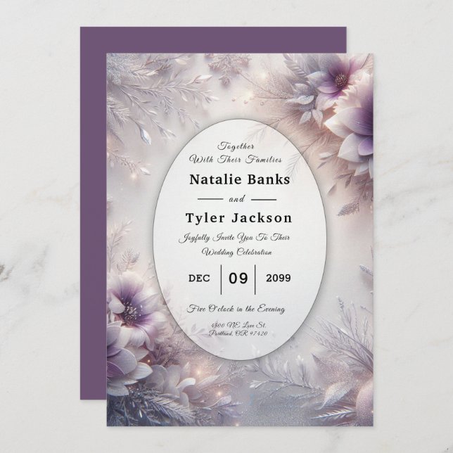 Convites Silver and Soft Amethyst Winter Blooms Wedding (Frente/Verso)