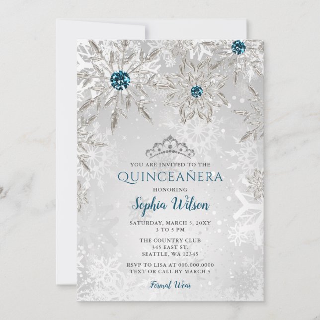 Convites Silver Aqua Snowflakes Tiara Quinceañera (Frente)